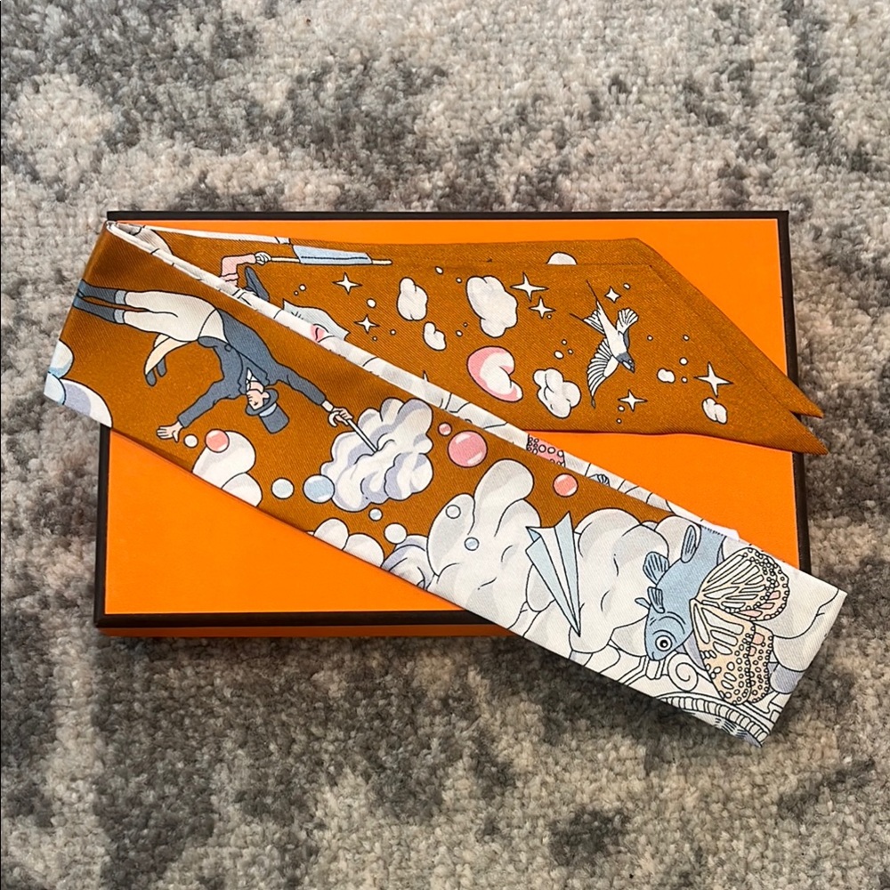 Hermes Orange and White Silk Twilly Scarf